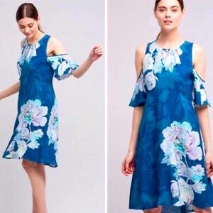 Anthropologie X Maeve Elia floral open Shoulder Petal Sleeve dress size 14 Teal